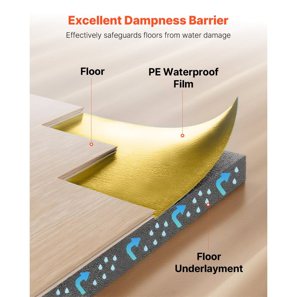 VEVOR Floor Underlayment 200 sq. ft/Roll, 3-in-1 3 mm Thick Flooring Padding with Tape & Vapor Barrier, Heavy Duty EPE