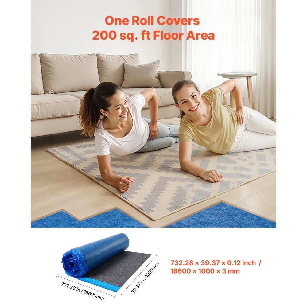 VEVOR Floor Underlayment 400 sq. ft, 3mm Laminate Flooring Padding with Attached Vapor Barrier, Heavy Duty Fiber+PE