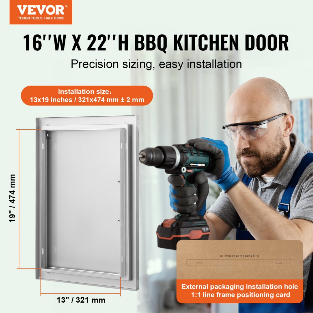 VEVOR BBQ Access Door, 16W x 22H Inch Single Outdoor Kitchen Door, Stainless Steel Flush Mount Door, Wall Vertical Door