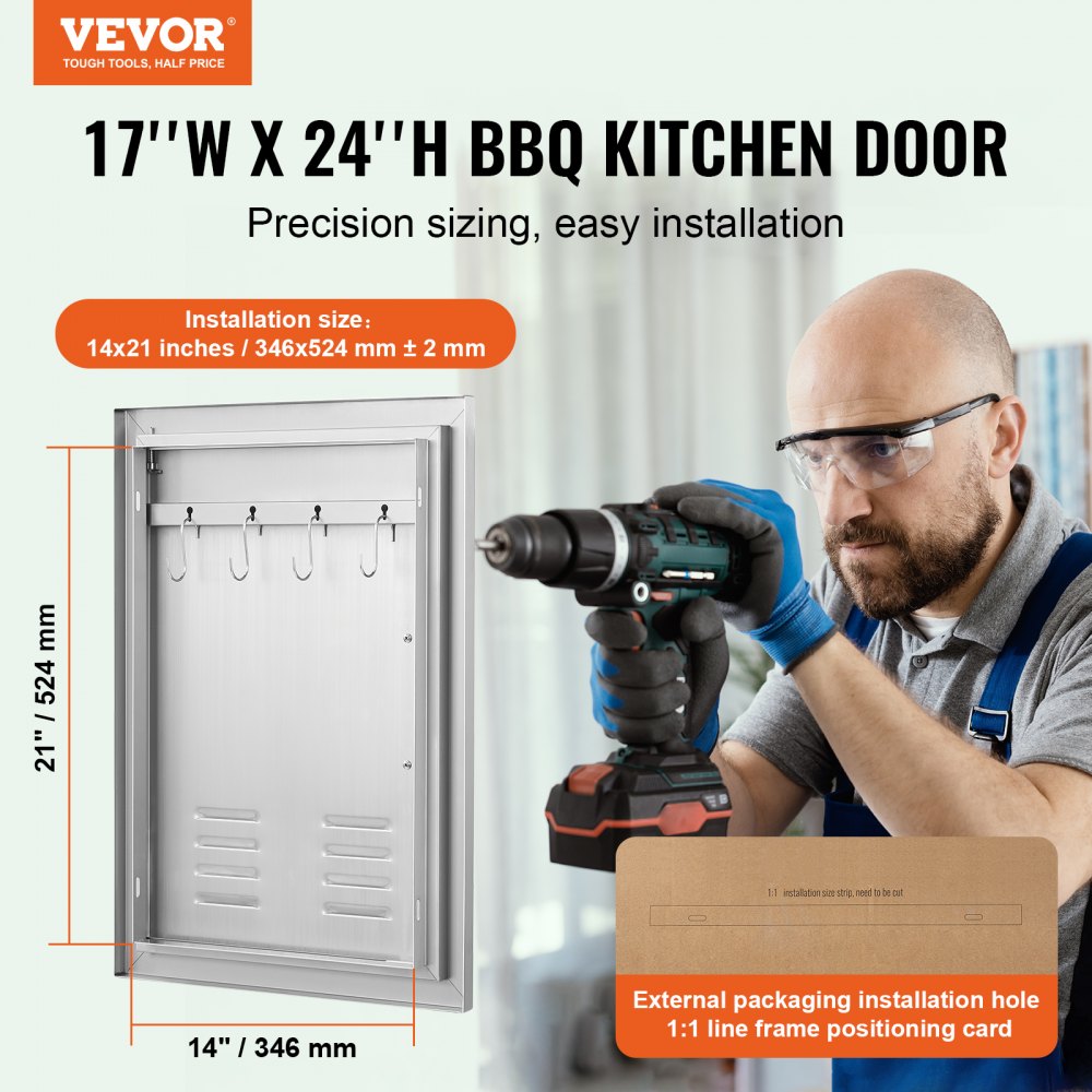 VEVOR BBQ Access Door, 17W x 24H Inch Single Outdoor Kitchen Door, Stainless Steel Flush Mount Door, Wall Vertical Door