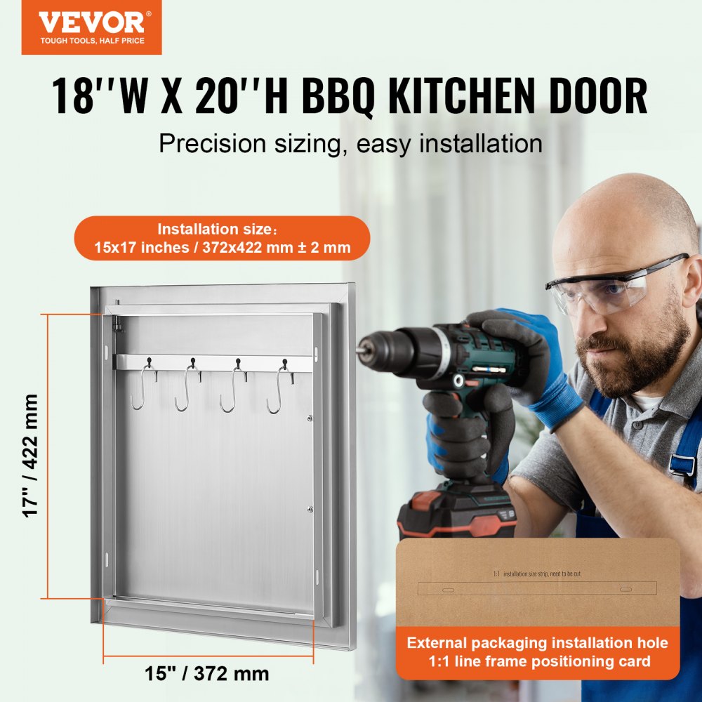 VEVOR BBQ Access Door, 18W x 20H Inch Single Outdoor Kitchen Door, Stainless Steel Flush Mount Door, Wall Vertical Door