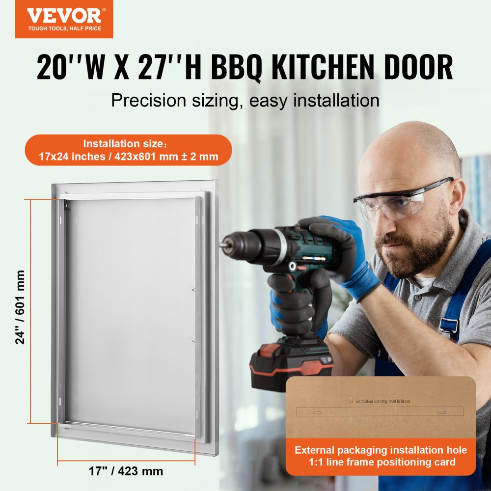 VEVOR BBQ Access Door, 20W x 27H Inch Single Outdoor Kitchen Door, Stainless Steel Flush Mount Door, Wall Vertical Door