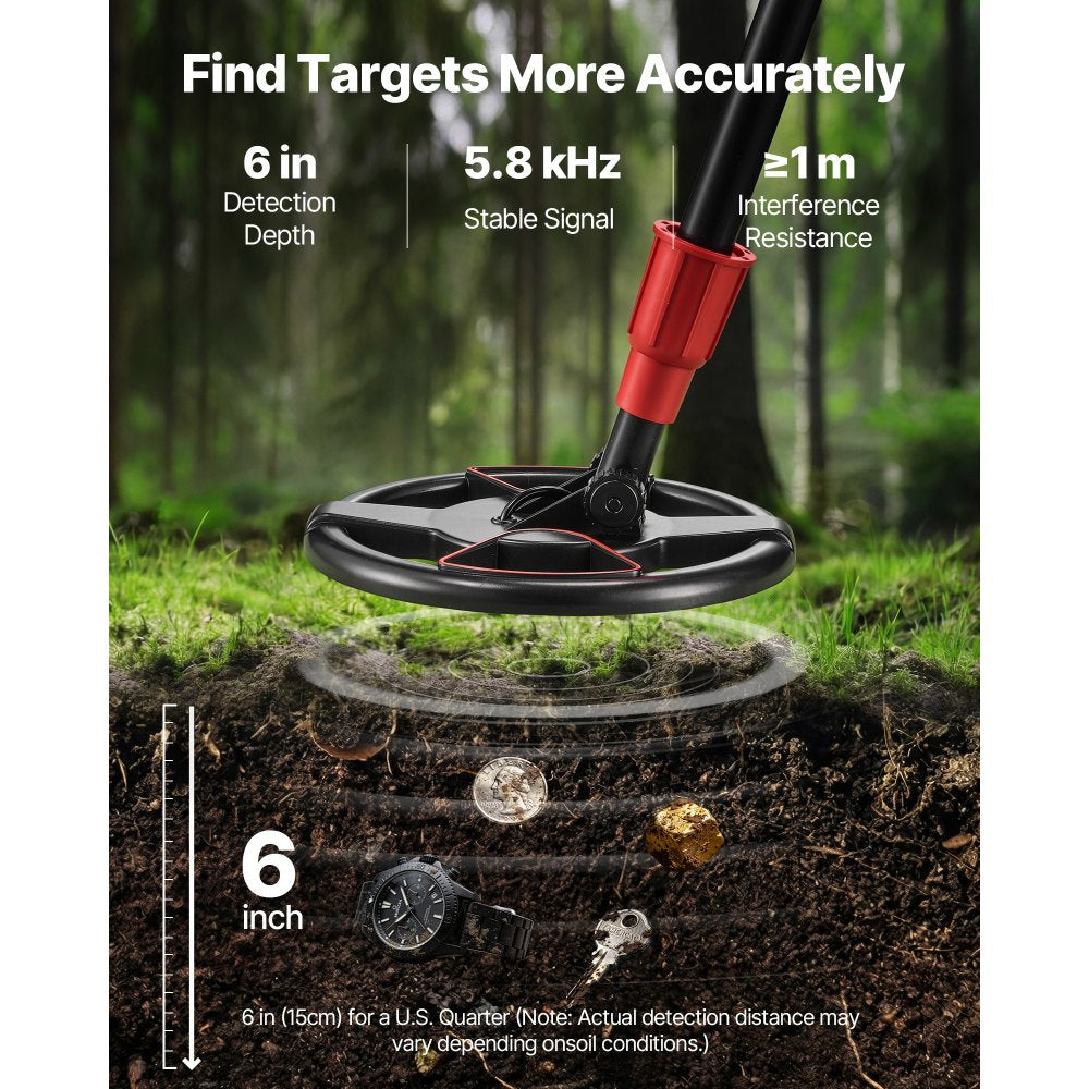 VEVOR Metal Detector, 6", Lightweight Metal Detector with LCD Display, IP68 Waterproof Search Coil, Adjustable