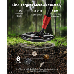 VEVOR Metal Detector, 6", Lightweight Metal Detector with LCD Display, IP68 Waterproof Search Coil, Adjustable