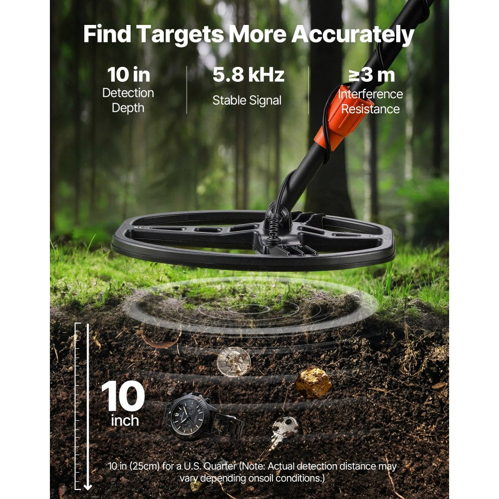 VEVOR Metal Detector for Adults, 10", Professional High Accuracy Gold Detector, IP68 Waterproof Search Coil with