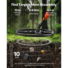 VEVOR Metal Detector for Adults, 10", Professional High Accuracy Gold Detector, IP68 Waterproof Search Coil with