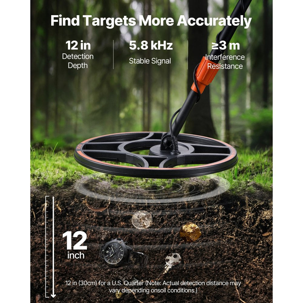 VEVOR Metal Detector for Adults, 12", Professional High Accuracy Gold Detector, IP68 Waterproof Search Coil with