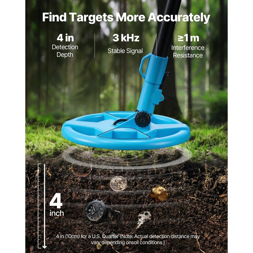 VEVOR Metal Detector, 4", Lightweight Metal Detector with LCD Display, 6" IP68 Waterproof Search Coil, Adjustable