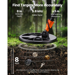 VEVOR Metal Detector for Adults, 8", Professional High Accuracy Gold Detector, IP68 Waterproof Search Coil with
