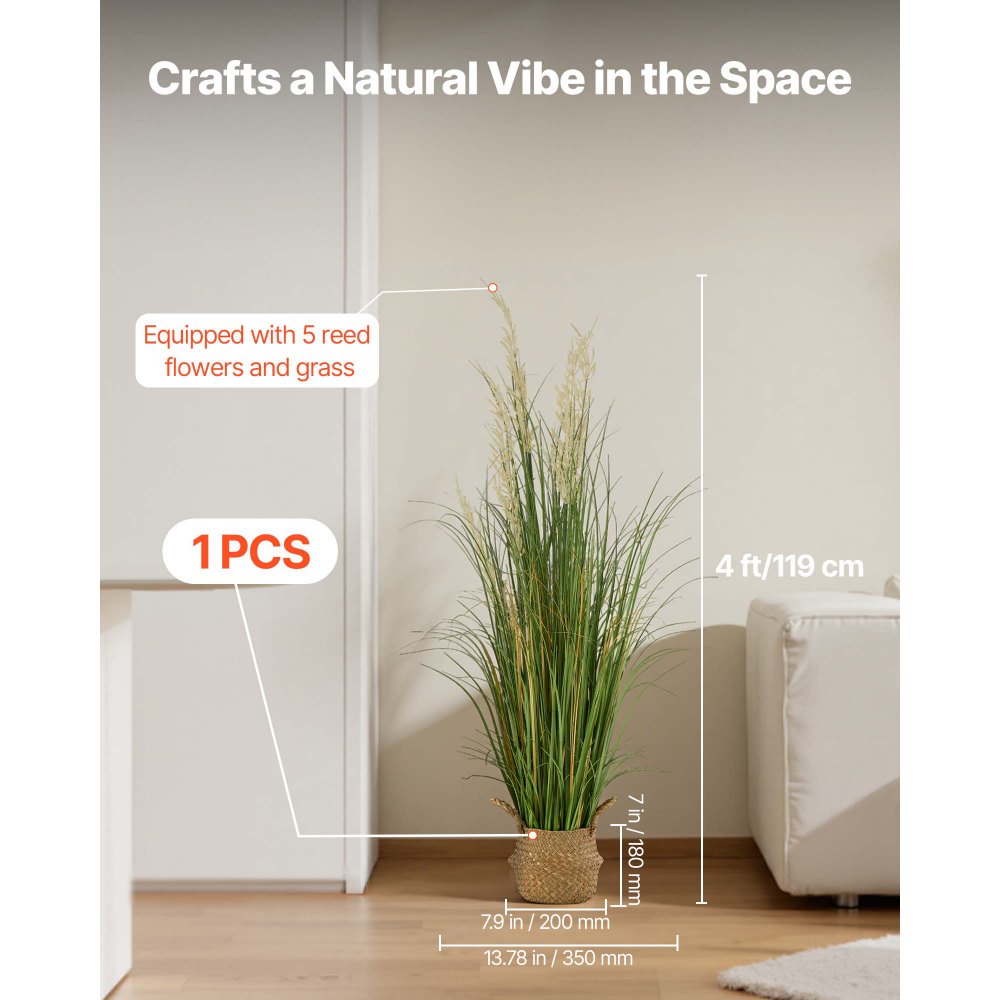 VEVOR Artificial Grass Plant, 47 inch Reed Flower Grass in Pot, Premium PVC Faux Fake Greenery Shrubs Plant for Indoor