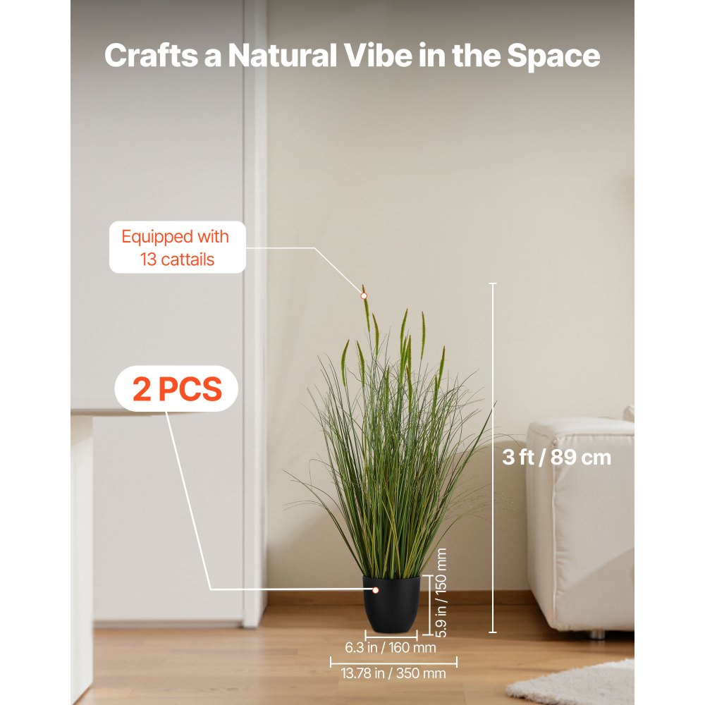 VEVOR Artificial Grass Plant, 2 Pack 35 inch Cattail Grass in Pot, Premium PVC Faux Fake Greenery Shrubs Plant for