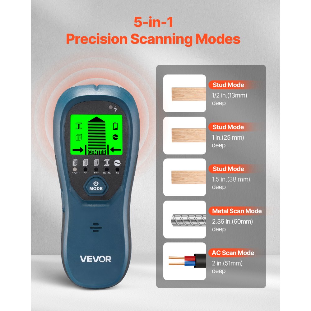 VEVOR Stud Finder Wall Scanner, 5 in 1, Electronic Wall Stud Detector with Smart Sensor, High-Definition LCD Display