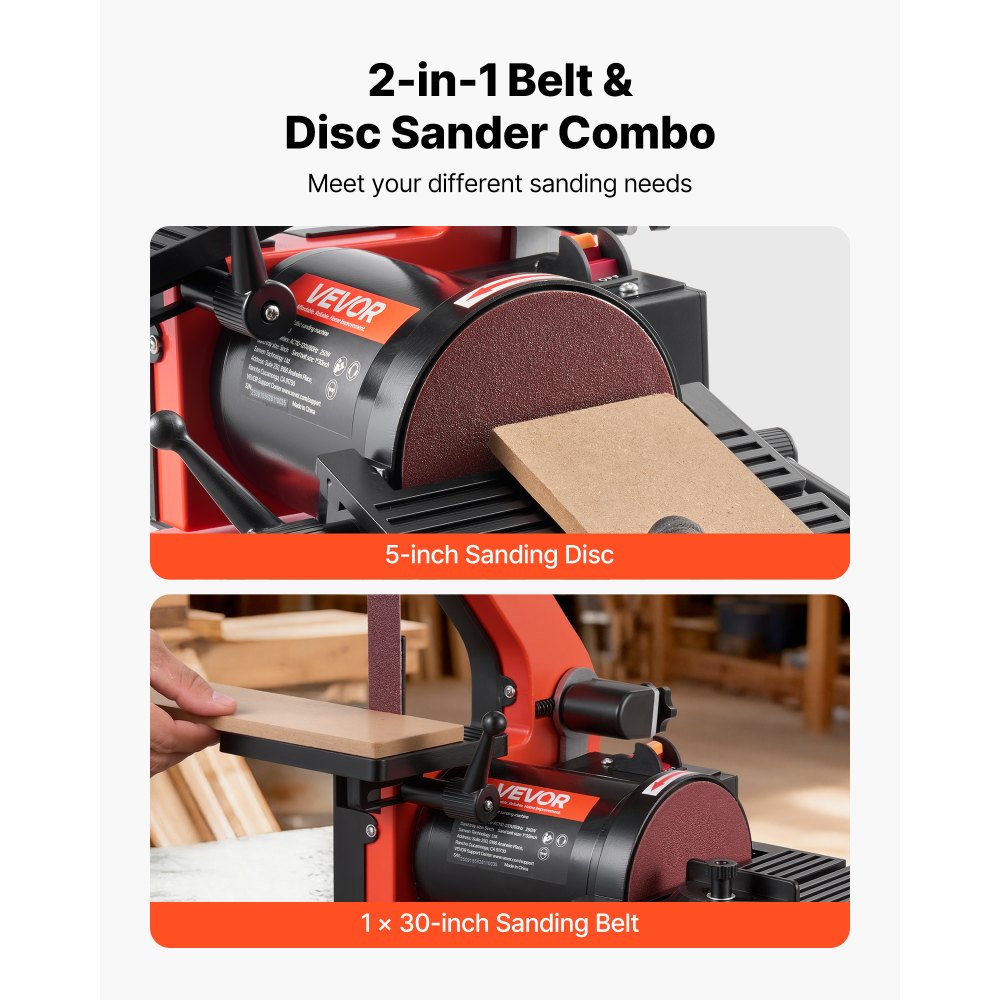 VEVOR 5" Disc Sander & 1" x 30" Belt Sander, 250W Benchtop Belt Disc Sanders Combo with 0 - 45° Adjustable Worktable &