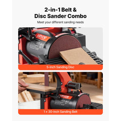 VEVOR 5" Disc Sander & 1" x 30" Belt Sander, 250W Benchtop Belt Disc Sanders Combo with 0 - 45° Adjustable Worktable &