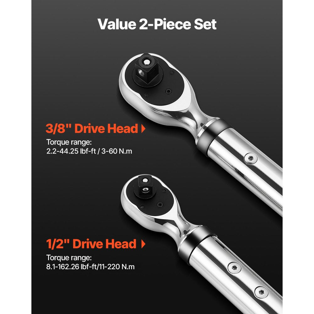 VEVOR Digital Torque Wrench Set, 2 Pieces, 1/2, 3/8 Inch Drive, 72-Tooth, ±2% High Accuracy Electronic Torque Wrench