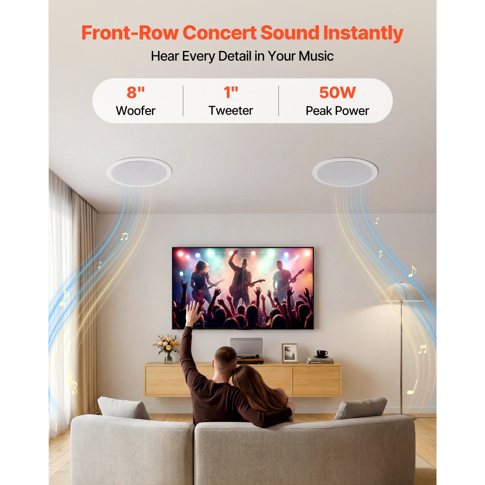 VEVOR Bluetooth Ceiling Speakers, 8", In Ceiling & In-Wall Speaker System with Amplifier, 2-Way Flush Mount Speakers