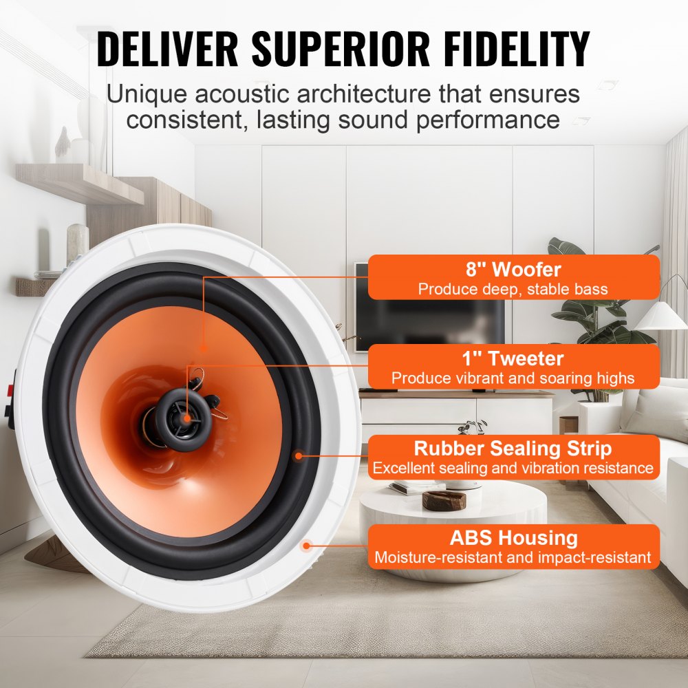 VEVOR 4 PCs 8 Inch in Ceiling Speakers, 100-Watts, Flush Mount Ceiling & in-Wall Speakers System with 8ΩImpedance 89dB