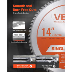 VEVOR Circular Saw Blade, 14 inch Diameter, 72 Sharp Alloy Teeth, 1 inch Arbor, Fine Finish, Metal Cutting Blade for