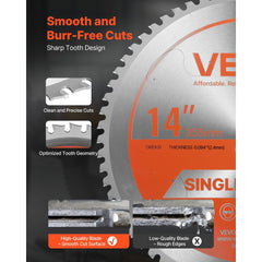 VEVOR Circular Saw Blade, 14 inch Diameter, 66 Sharp Alloy Teeth, 1 inch Arbor, Fine Finish, Metal Cutting Blade for