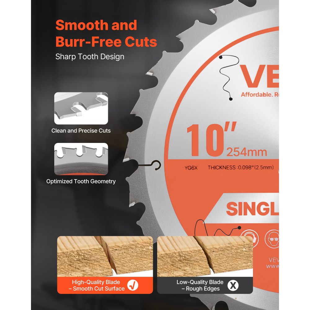 VEVOR Circular Saw Blade, 10 inch Diameter, 24 Sharp Alloy Teeth, 5/8 inch Arbor, Fine Finish, Wood Cutting Blade for