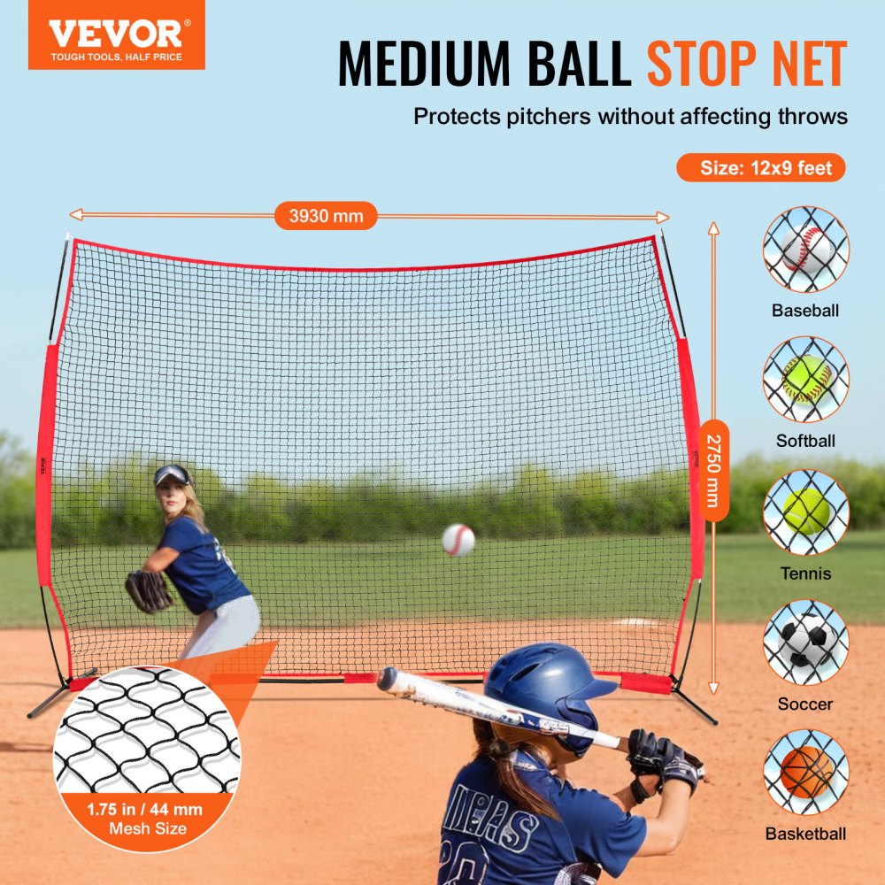 VEVOR Barricade Backstop Net, 12x9 ft Ball Sports Barrier Netting, Portable Practice Equipment with Carry Bag