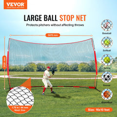 VEVOR Barricade Backstop Net, 16x10 ft Ball Sports Barrier Netting, Portable Practice Equipment with Carry Bag