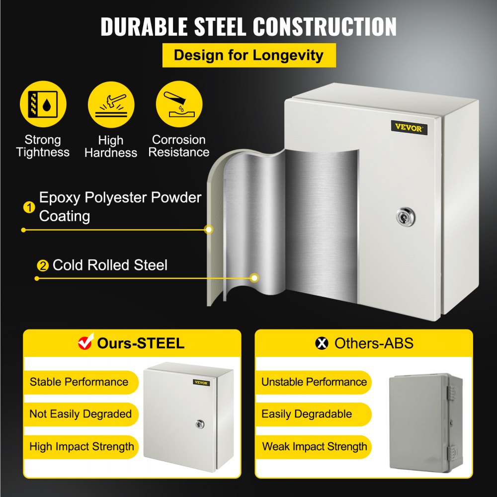 VEVOR NEMA Steel Enclosure, 12 x 10 x 6'' NEMA 4X Steel Electrical Box, IP66 Waterproof & Dustproof, Outdoor/Indoor