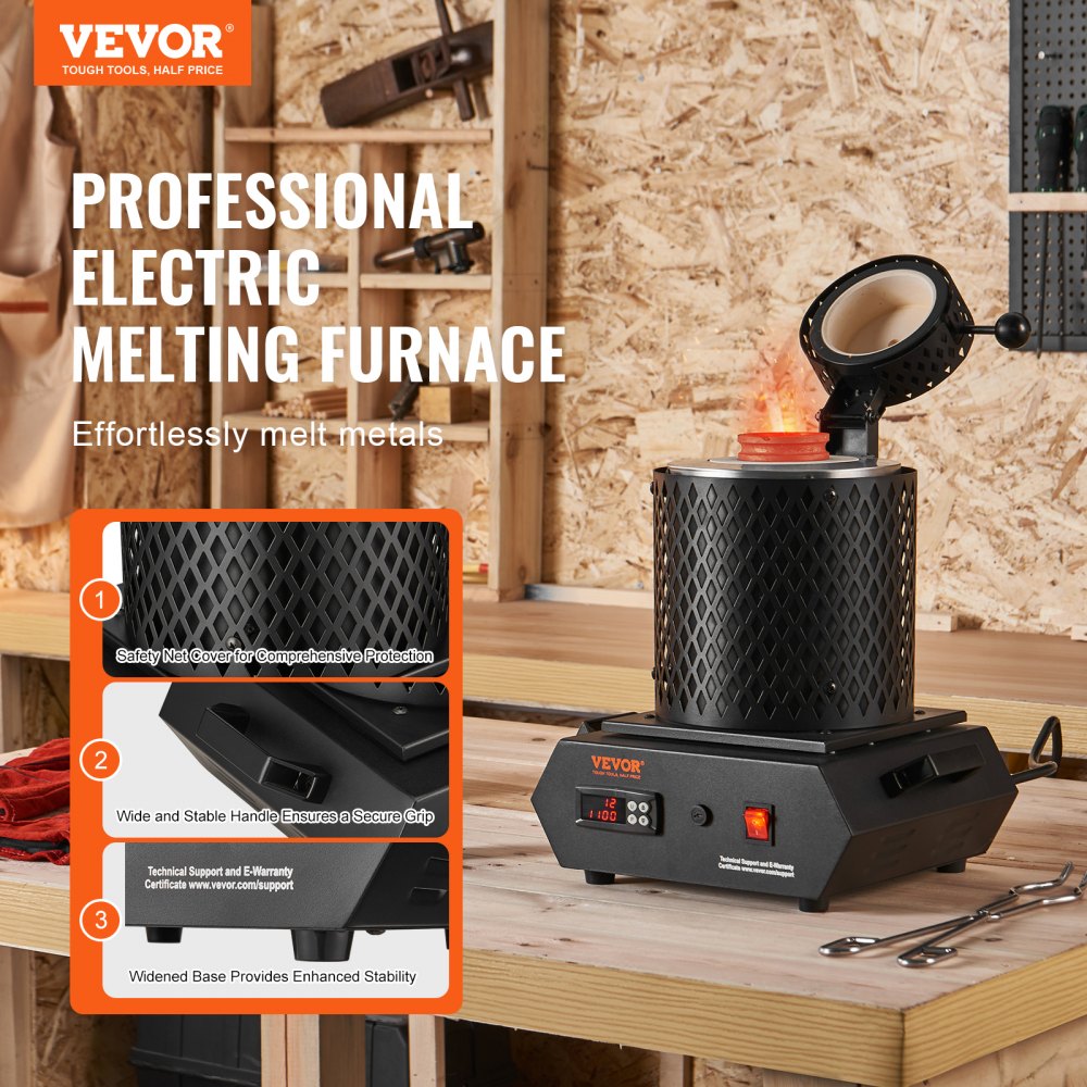 VEVOR Gold Melting Furnace, 1350W, 2102 ℉ Max Temperature, Digital Electric Melting Furnace with 1 kg and 3 kg Ceramic