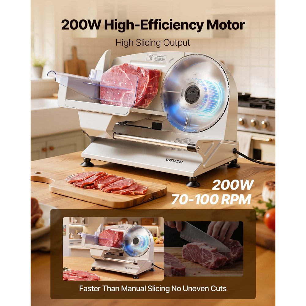VEVOR Meat Slicer, 7.5" Electric Deli Slicer with 2 SUS420 Blades & 0-0.6" Adjustable Thickness, 200W Home Food-Slicer