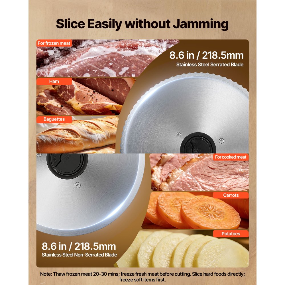 VEVOR Meat Slicer, 8.6" Electric Deli Slicer with 2 SUS420 Blades & 0-0.6" Adjustable Thickness, Dual Security Lock