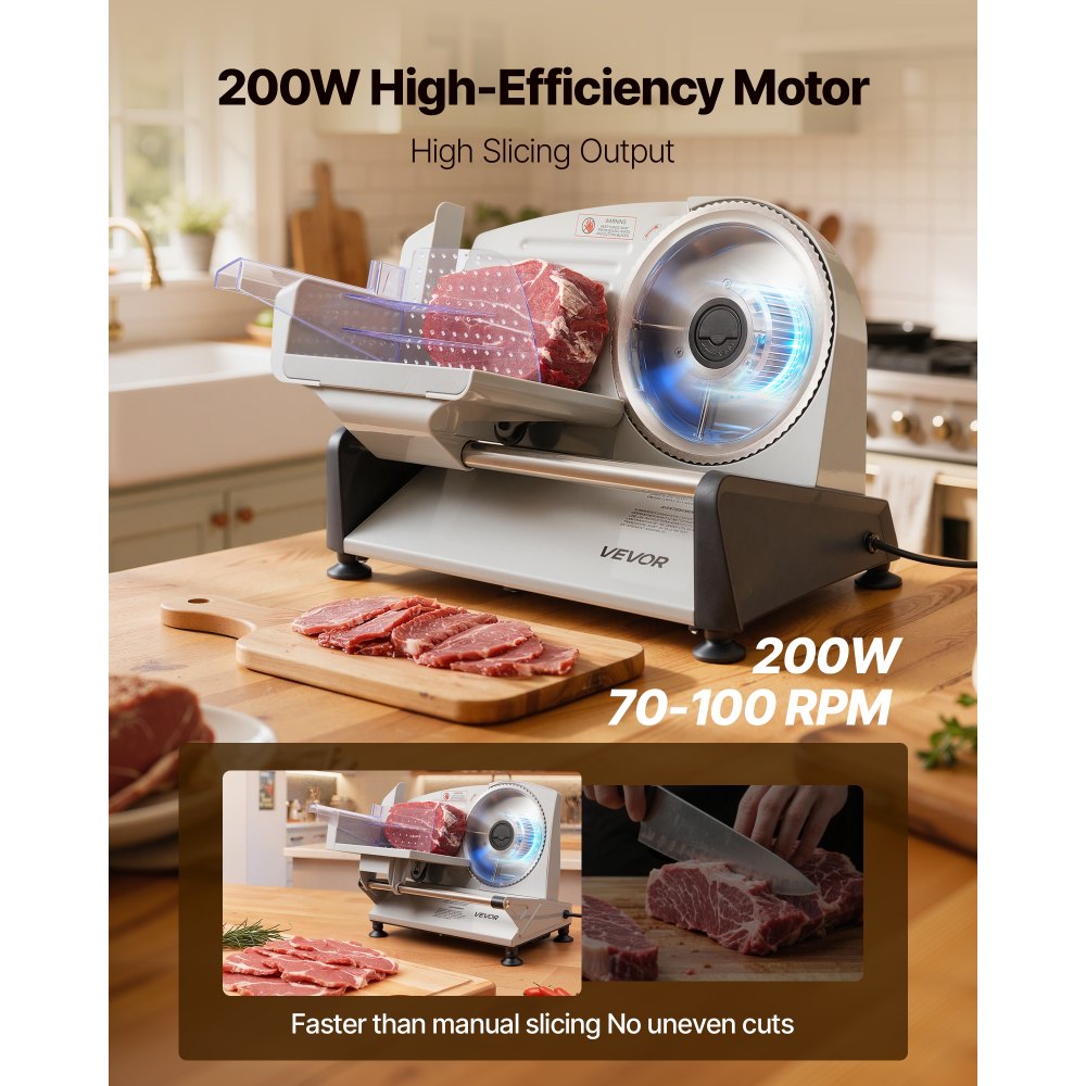 VEVOR Meat Slicer, 7.5 inch 200W Electric Deli Slicer Machine with SUS420 Blade, 0-0.6 inch Adjustable Thickness, ETL