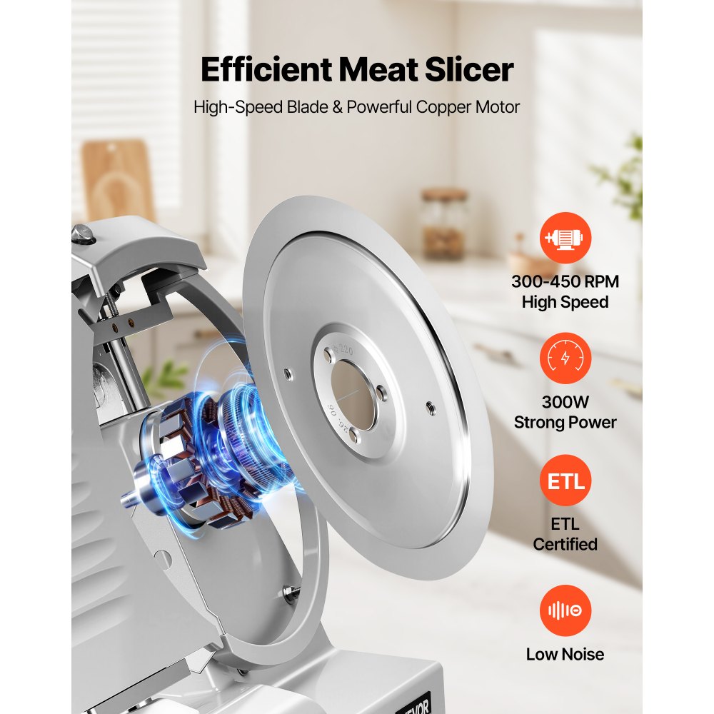 VEVOR Commercial Meat Slicer, 300W Electric Cutter, Removable 10" Carbon Steel Blade and Food Tray, 0-0.47" Adjustable