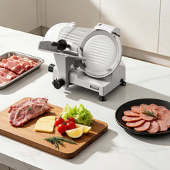 VEVOR Commercial Meat Slicer, 300W Electric Cutter, Removable 10" Carbon Steel Blade and Food Tray, 0-0.47" Adjustable