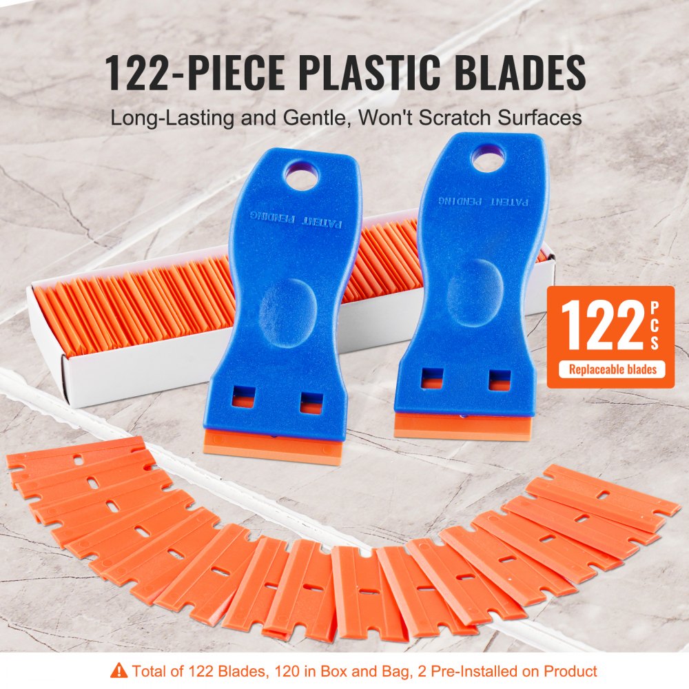 VEVOR Plastic Razor Blade Scraper, 2PCS Scraper Tool, 120PCS Plastic Blades, Cleaning Scraper Remover for Stickers