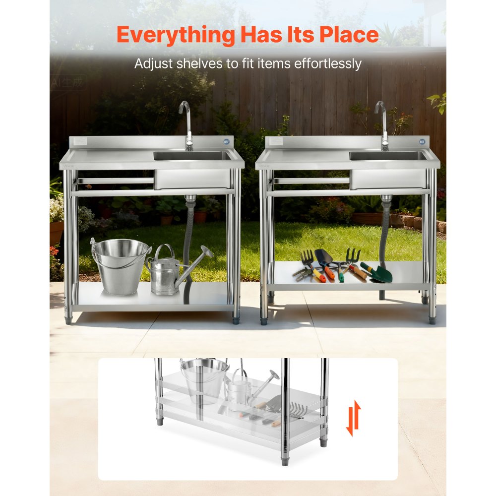 VEVOR Stainless Steel Utility Sink, Free Standing Single Bowl Commercial Kitchen Sink with Faucet, 39.4 x 19.7 x 37 in