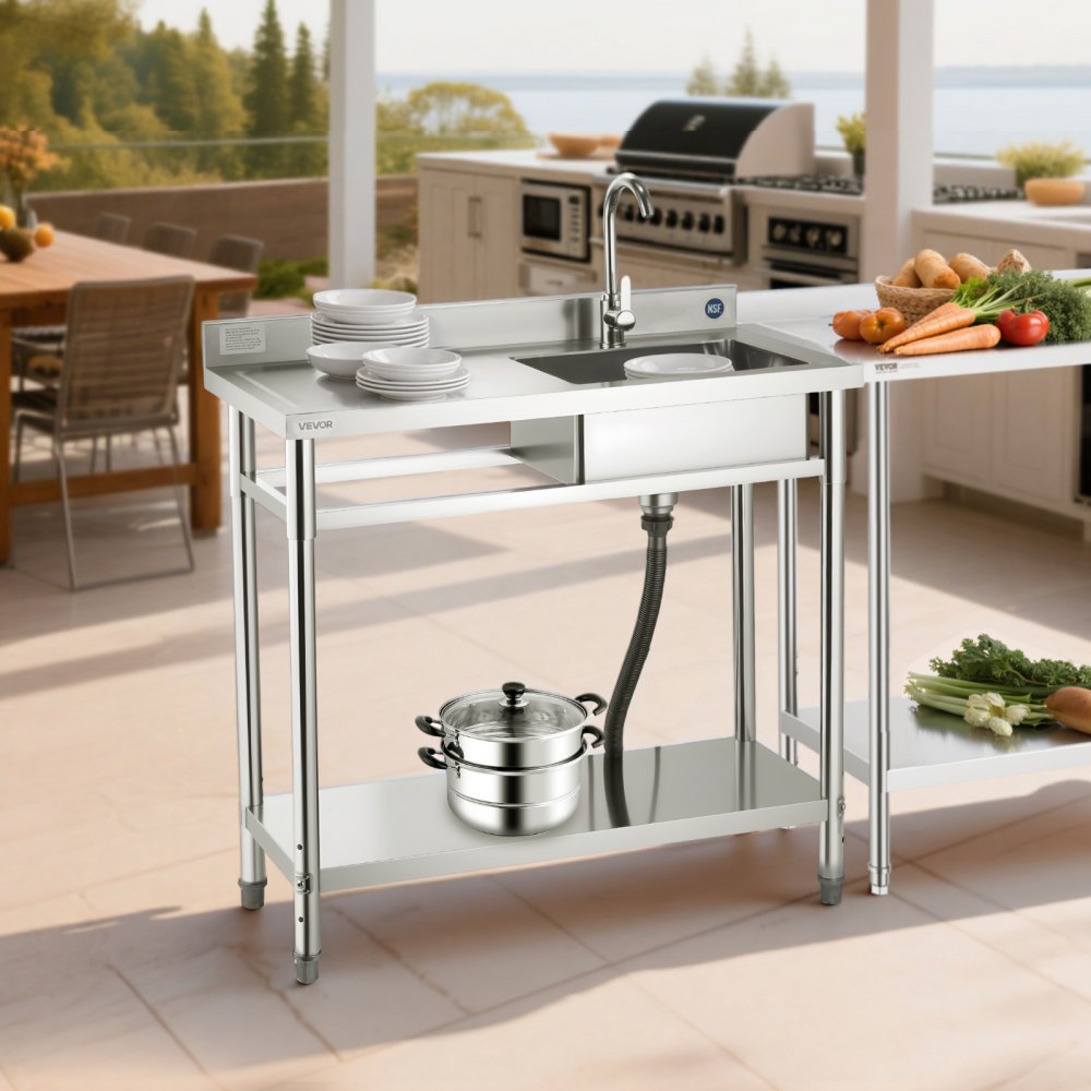 VEVOR Stainless Steel Utility Sink, Free Standing Single Bowl Commercial Kitchen Sink with Faucet, 39.4 x 19.7 x 37 in
