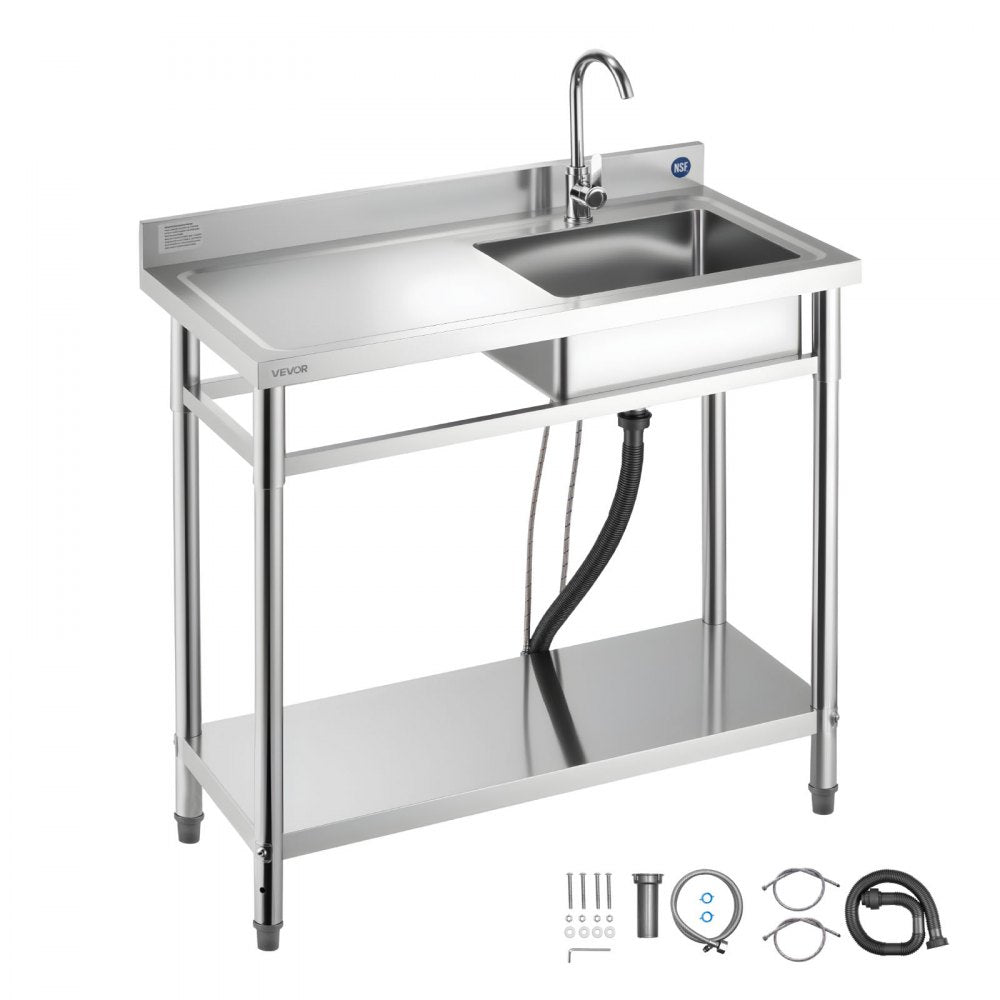 VEVOR Stainless Steel Utility Sink, Free Standing Single Bowl Commercial Kitchen Sink with Faucet, 39.4 x 19.7 x 37 in