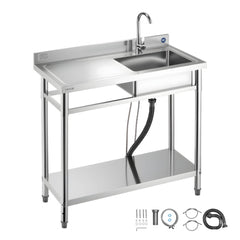 VEVOR Stainless Steel Utility Sink, Free Standing Single Bowl Commercial Kitchen Sink with Faucet, 39.4 x 19.7 x 37 in
