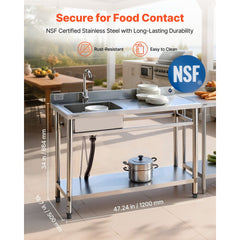 VEVOR Stainless Steel Utility Sink, Free Standing Single Bowl Commercial Kitchen Sink with Faucet, Utility Right Basin