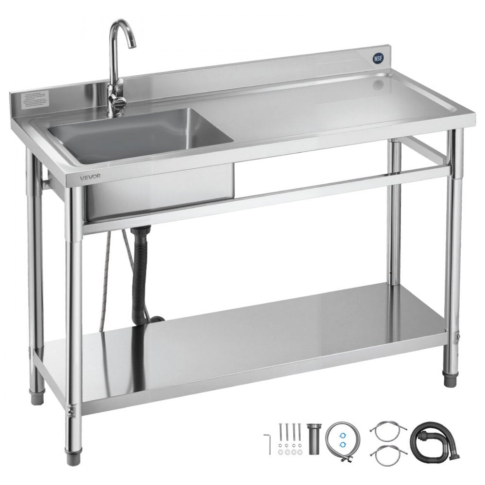 VEVOR Stainless Steel Utility Sink, Free Standing Single Bowl Commercial Kitchen Sink with Faucet, Utility Right Basin