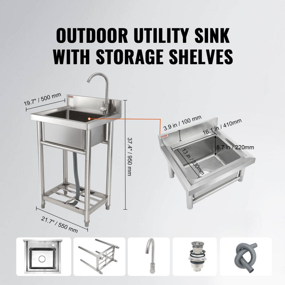 VEVOR Stainless Steel Utility Sink, 1 Compartment Free Standing Small Sink Include Faucet & legs, 16 x 13 x 8.7 in