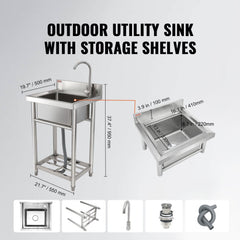 VEVOR Stainless Steel Utility Sink, 1 Compartment Free Standing Small Sink Include Faucet & legs, 16 x 13 x 8.7 in