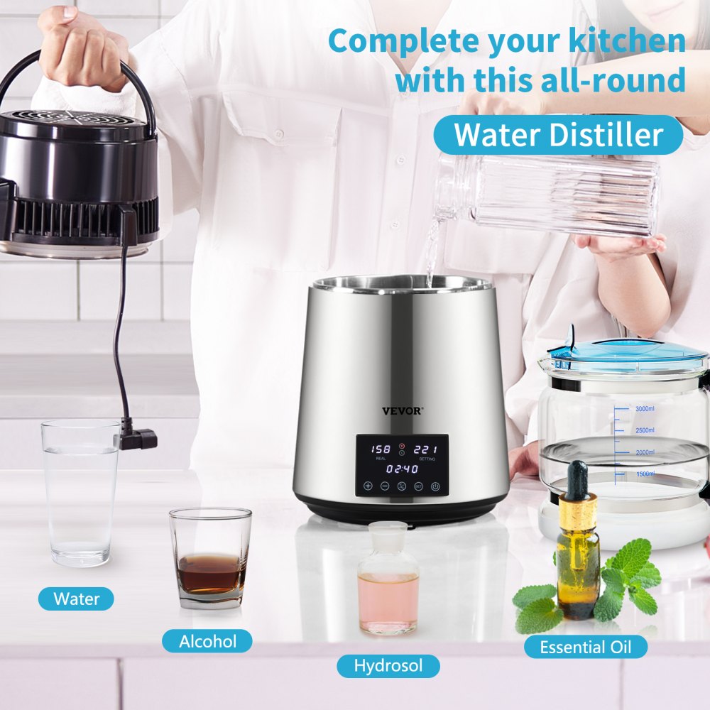 VEVOR 1.1Gal Water Distiller, 0.4Gal/H, Distilled Water Maker Machine 1750W 0-99H Timing Dual Temp Display, 304