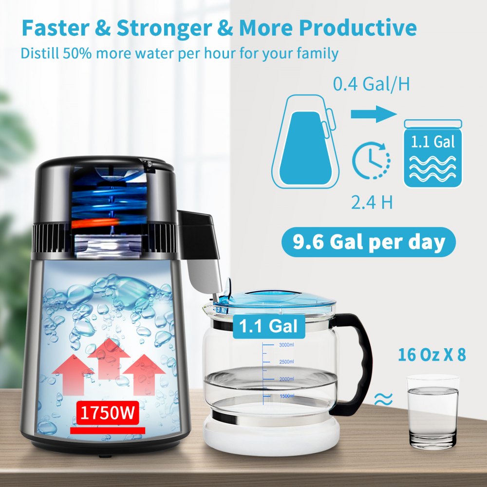 VEVOR 1.1Gal Water Distiller, 0.4Gal/H, Distilled Water Maker Machine 1750W 0-99H Timing Dual Temp Display, 304