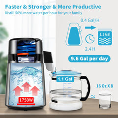 VEVOR 1.1Gal Water Distiller, 0.4Gal/H, Distilled Water Maker Machine 1750W 0-99H Timing Dual Temp Display, 304