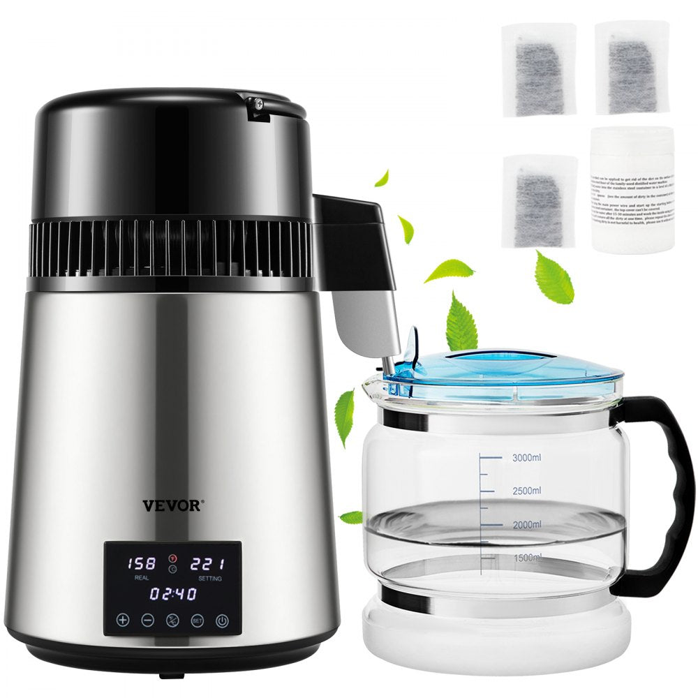 VEVOR 1.1Gal Water Distiller, 0.4Gal/H, Distilled Water Maker Machine 1750W 0-99H Timing Dual Temp Display, 304
