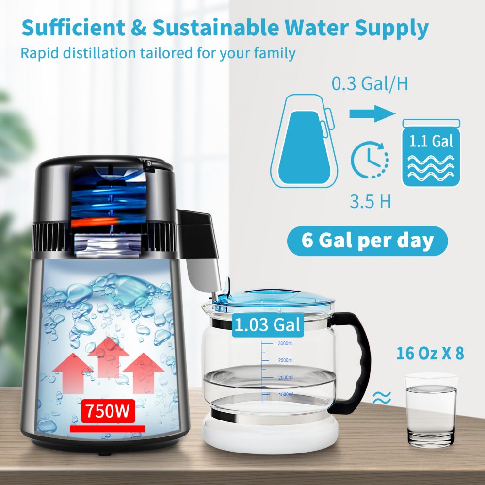 VEVOR 1.1Gal Water Distiller, 0.3Gal/H, 750W Distilled Water Maker Machine 0-99H Timing Dual Temp Display, 304