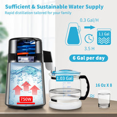 VEVOR 1.1Gal Water Distiller, 0.3Gal/H, 750W Distilled Water Maker Machine 0-99H Timing Dual Temp Display, 304