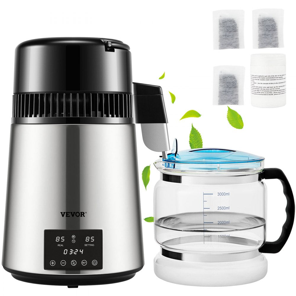 VEVOR 1.1Gal Water Distiller, 0.3Gal/H, 750W Distilled Water Maker Machine 0-99H Timing Dual Temp Display, 304