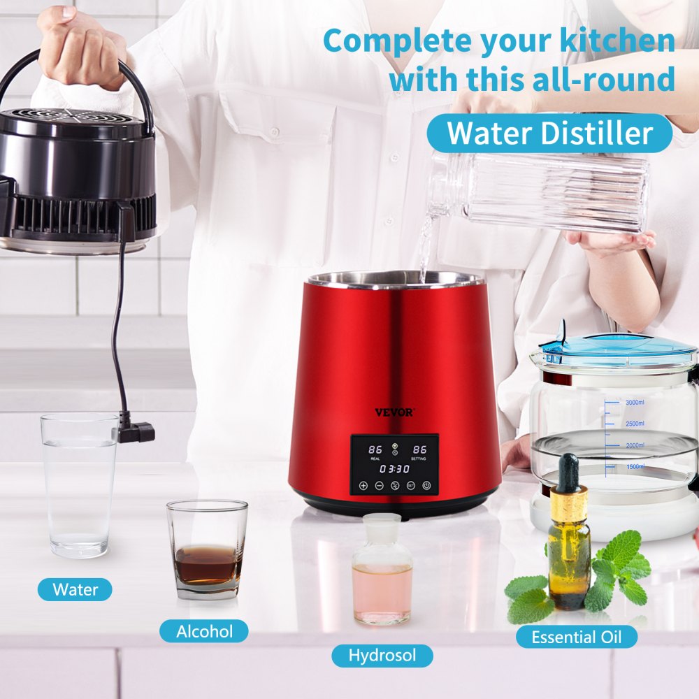 VEVOR 1.1Gal Water Distiller, 0.3Gal/H, 750W Distilled Water Maker Machine 0-99H Timing Dual Temp Display, 304